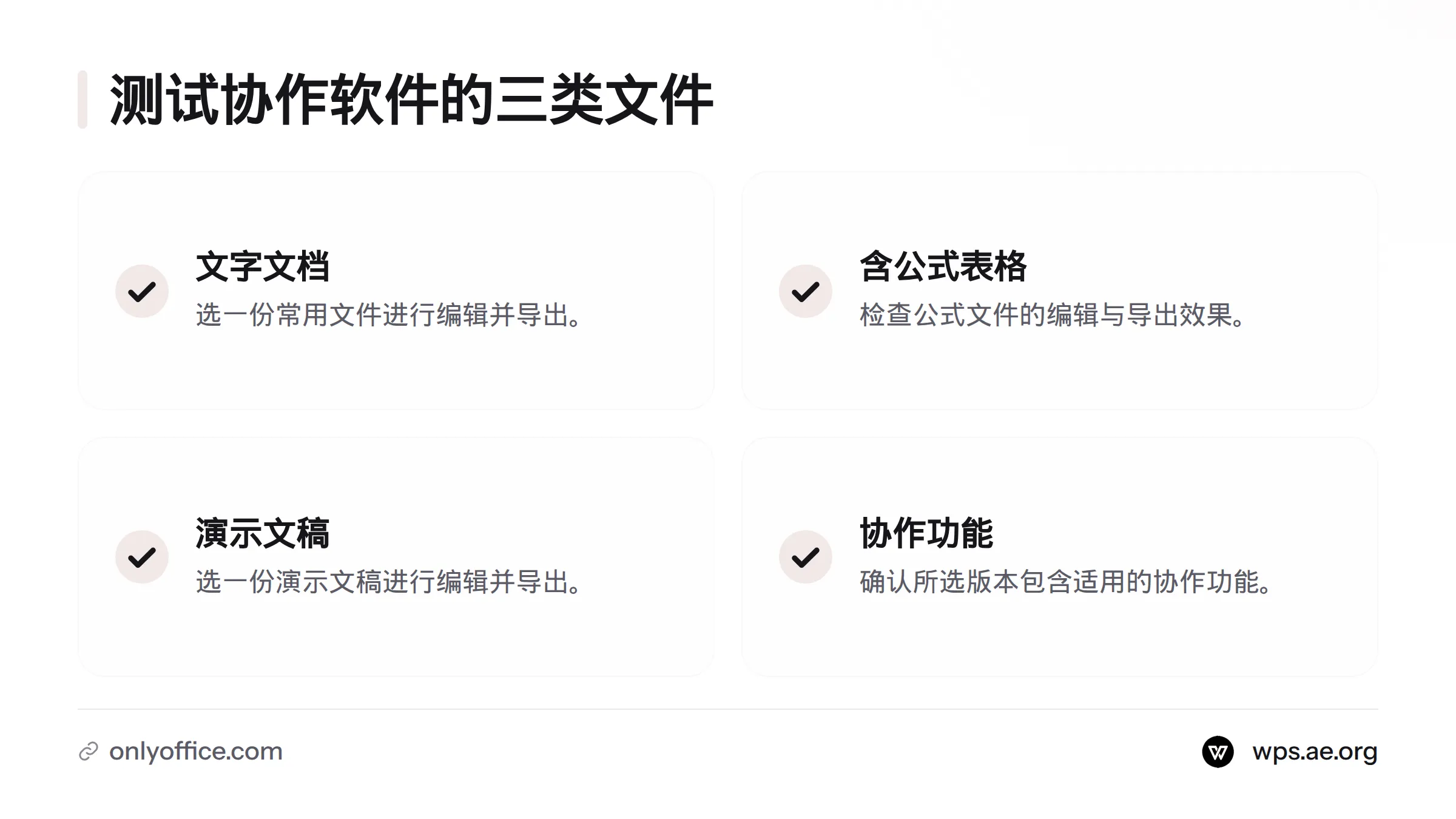 测试文档、含公式的表格和演示文稿，并确认所选版本具备需要的协作功能。
