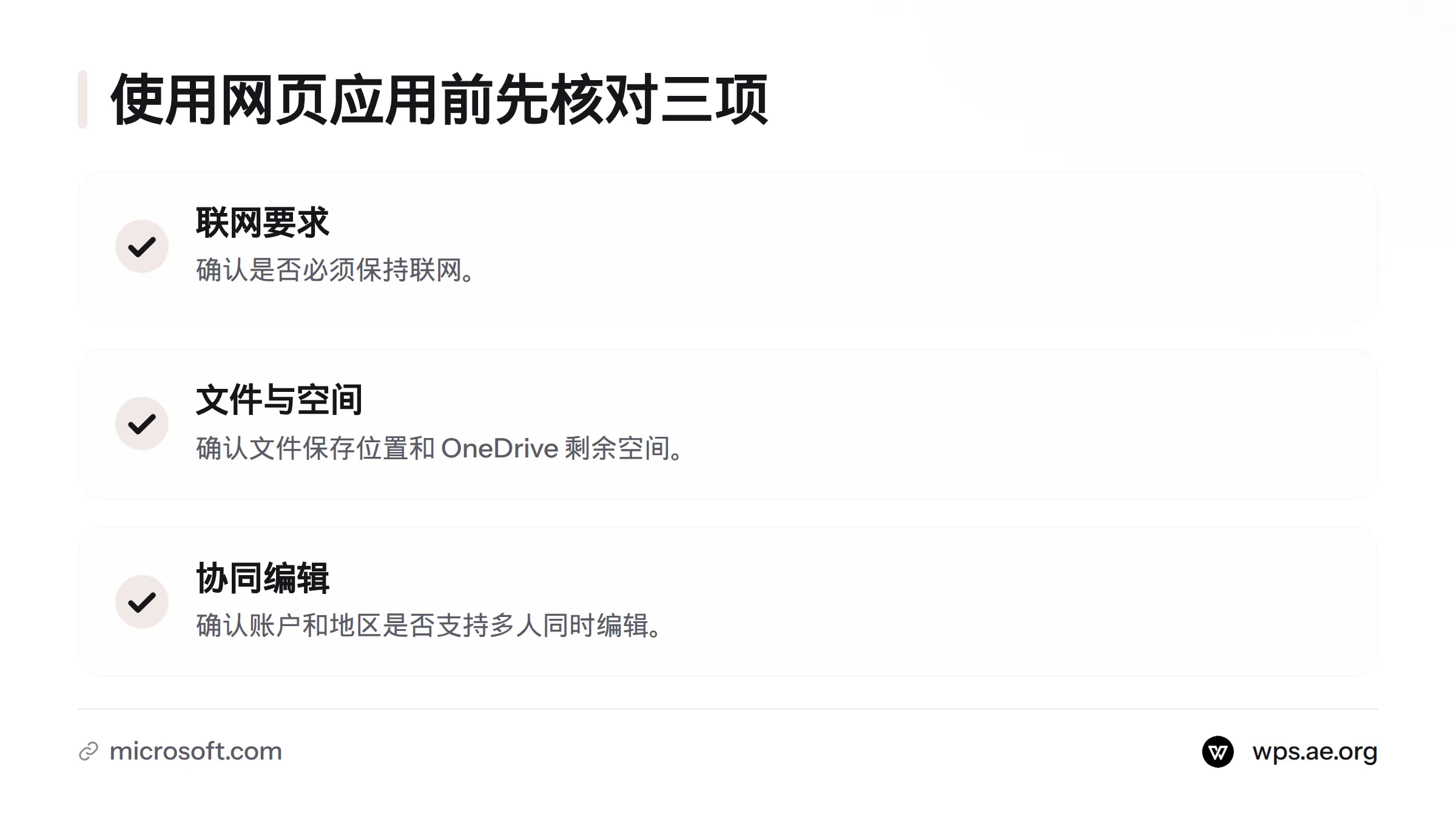 使用 Microsoft 网页应用前,核对联网要求、文件保存位置与 OneDrive 空间,以及账户和地区是否支持多人同时编辑。