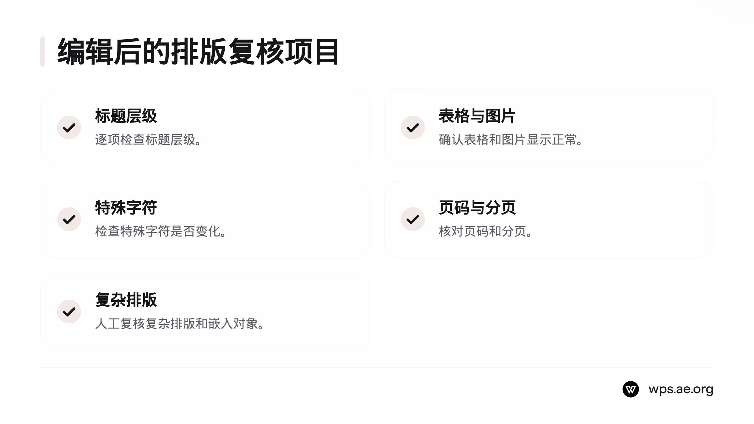 编辑后检查标题层级、表格、图片、特殊字符、页码和分页，并留意复杂排版与嵌入对象。