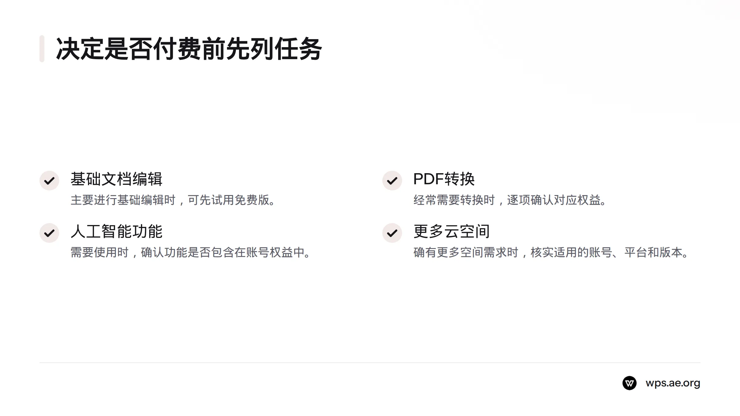 先评估基础文档编辑、PDF转换、人工智能功能和云空间需求，再核对对应权益。